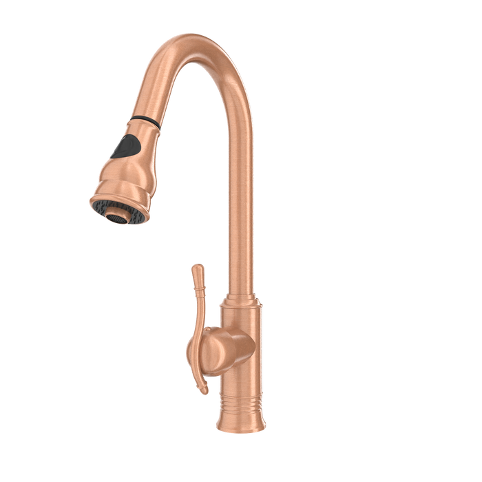 Copper Kitchen Faucet with Soap Dispenser, Single Handle Solid Brass High Arc Pull Down Sprayer Head Kitchen Sink Faucets with Deck Plate — AK96415-SD-C