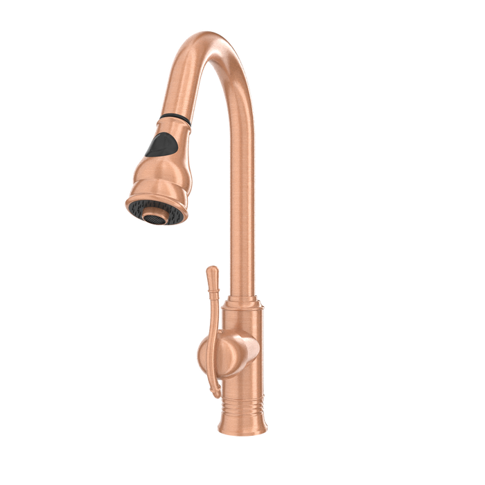 Copper Kitchen Faucet with Soap Dispenser, Single Handle Solid Brass High Arc Pull Down Sprayer Head Kitchen Sink Faucets with Deck Plate — AK96415-SD-C