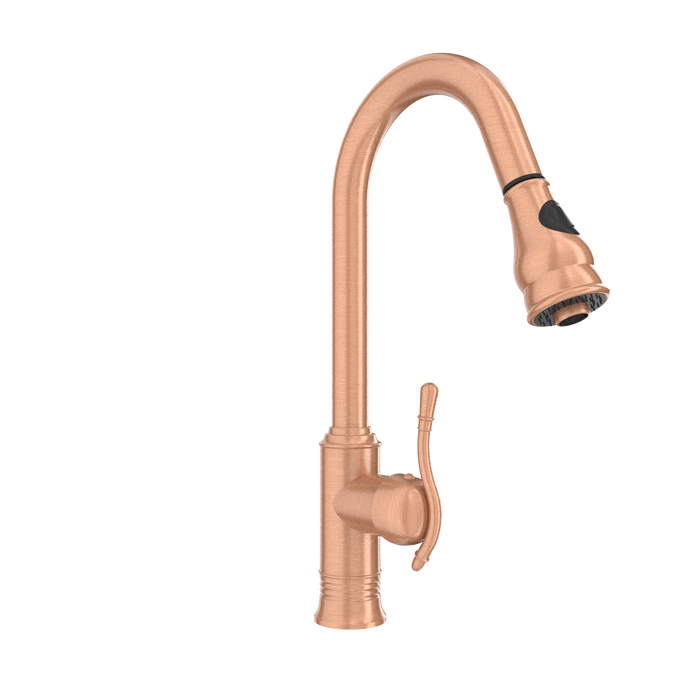 Copper Kitchen Faucet with Soap Dispenser, Single Handle Solid Brass High Arc Pull Down Sprayer Head Kitchen Sink Faucets with Deck Plate — AK96415-SD-C