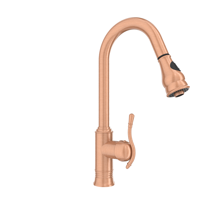 Copper Kitchen Faucet with Soap Dispenser, Single Handle Solid Brass High Arc Pull Down Sprayer Head Kitchen Sink Faucets with Deck Plate — AK96415-SD-C