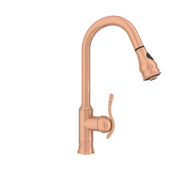 Copper Kitchen Faucet with Soap Dispenser, Single Handle Solid Brass High Arc Pull Down Sprayer Head Kitchen Sink Faucets with Deck Plate — AK96415-SD-C