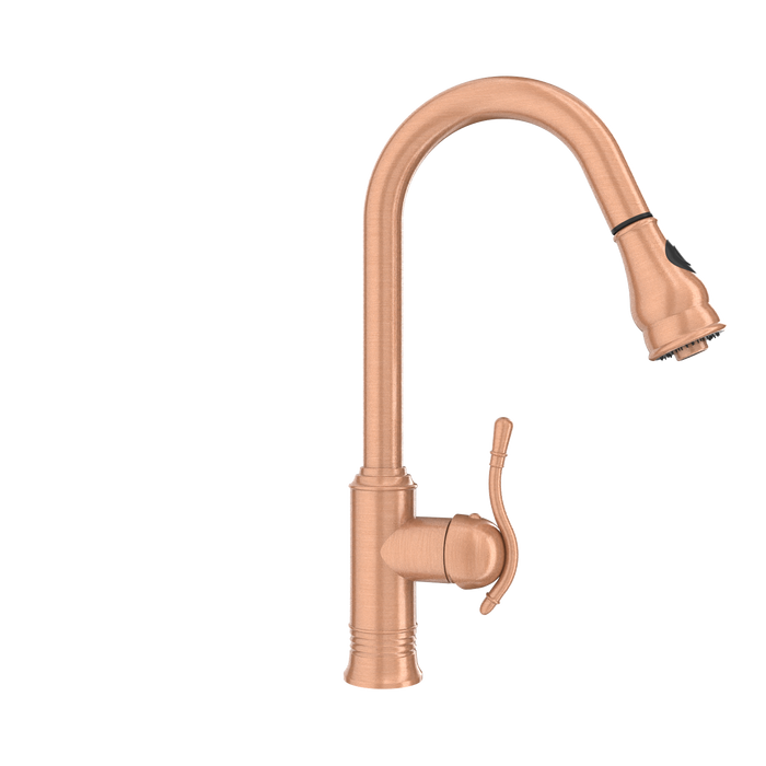 Copper Kitchen Faucet with Soap Dispenser, Single Handle Solid Brass High Arc Pull Down Sprayer Head Kitchen Sink Faucets with Deck Plate — AK96415-SD-C
