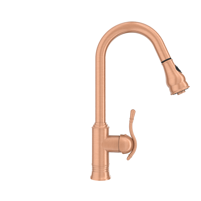 Copper Kitchen Faucet with Soap Dispenser, Single Handle Solid Brass High Arc Pull Down Sprayer Head Kitchen Sink Faucets with Deck Plate — AK96415-SD-C
