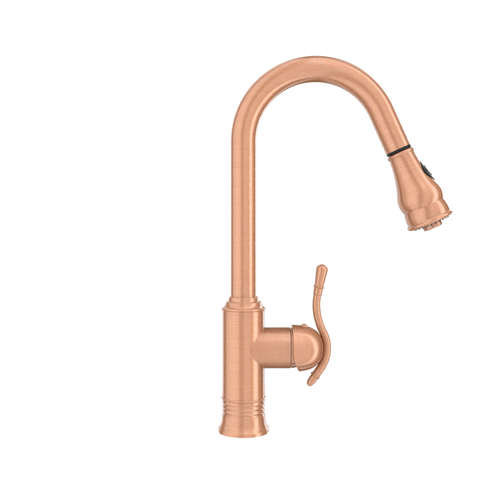 Copper Kitchen Faucet with Soap Dispenser, Single Handle Solid Brass High Arc Pull Down Sprayer Head Kitchen Sink Faucets with Deck Plate — AK96415-SD-C