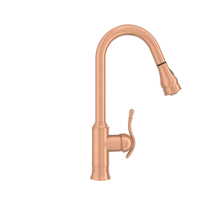 Copper Kitchen Faucet with Soap Dispenser, Single Handle Solid Brass High Arc Pull Down Sprayer Head Kitchen Sink Faucets with Deck Plate — AK96415-SD-C