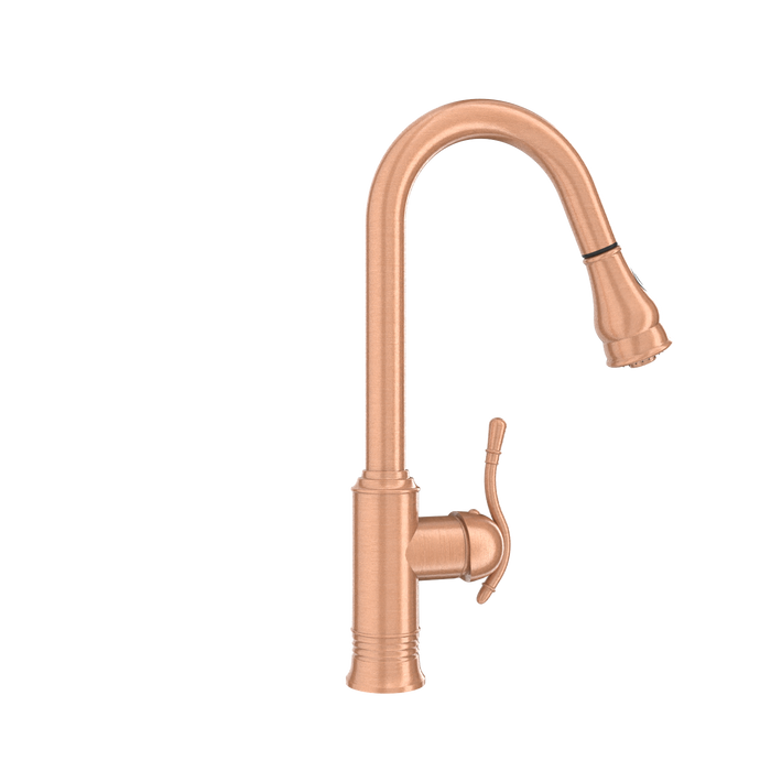 Copper Kitchen Faucet with Soap Dispenser, Single Handle Solid Brass High Arc Pull Down Sprayer Head Kitchen Sink Faucets with Deck Plate — AK96415-SD-C