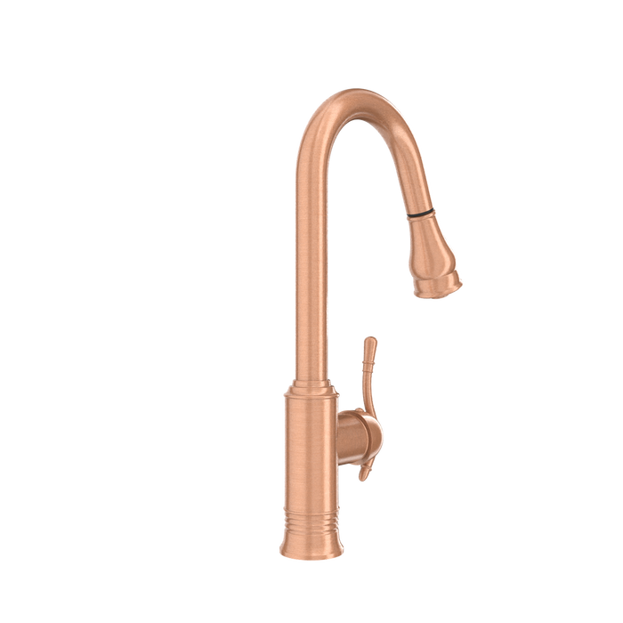 Copper Kitchen Faucet with Soap Dispenser, Single Handle Solid Brass High Arc Pull Down Sprayer Head Kitchen Sink Faucets with Deck Plate — AK96415-SD-C