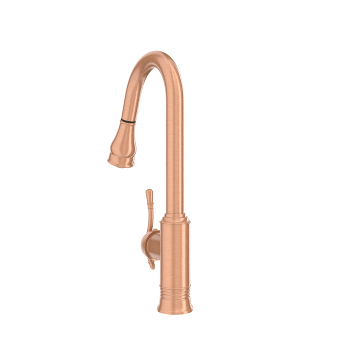 Copper Kitchen Faucet with Soap Dispenser, Single Handle Solid Brass High Arc Pull Down Sprayer Head Kitchen Sink Faucets with Deck Plate — AK96415-SD-C
