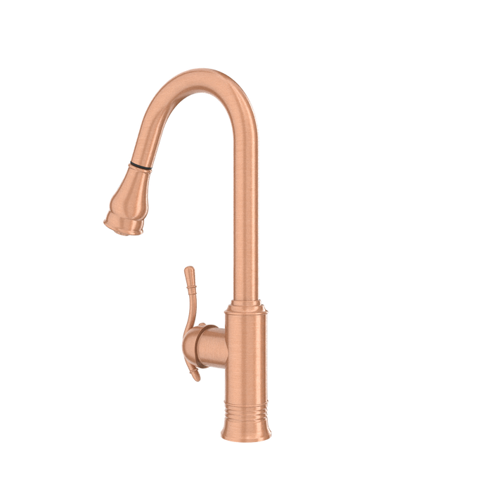 Copper Kitchen Faucet with Soap Dispenser, Single Handle Solid Brass High Arc Pull Down Sprayer Head Kitchen Sink Faucets with Deck Plate — AK96415-SD-C