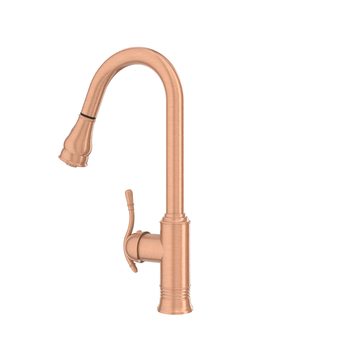 Copper Kitchen Faucet with Soap Dispenser, Single Handle Solid Brass High Arc Pull Down Sprayer Head Kitchen Sink Faucets with Deck Plate — AK96415-SD-C