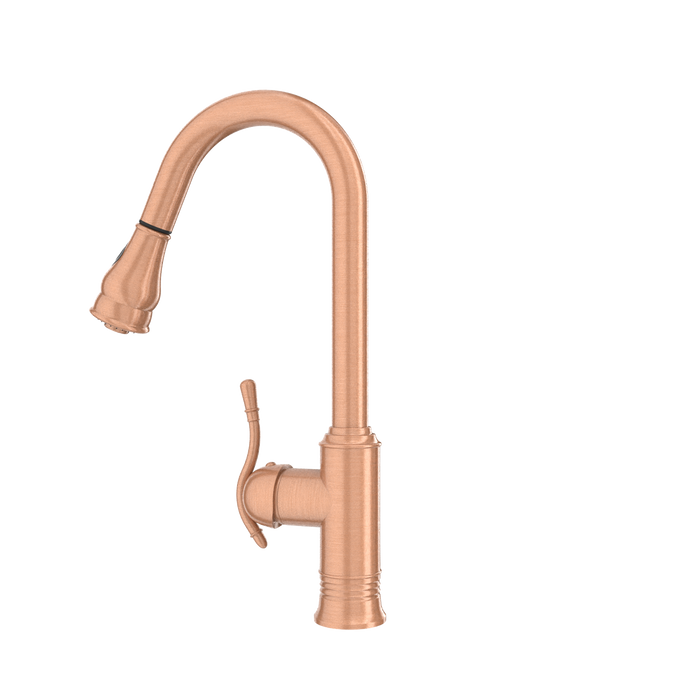 Copper Kitchen Faucet with Soap Dispenser, Single Handle Solid Brass High Arc Pull Down Sprayer Head Kitchen Sink Faucets with Deck Plate — AK96415-SD-C