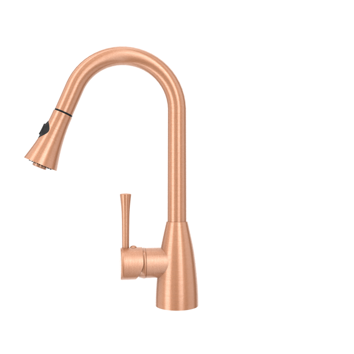 Copper Kitchen Faucet with Soap Dispenser, Single Handle Solid Brass High Arc Pull Down Sprayer Head Kitchen Sink Faucets with Deck Plate — AK96455-SD-C