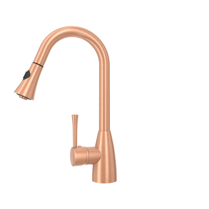 Copper Kitchen Faucet with Soap Dispenser, Single Handle Solid Brass High Arc Pull Down Sprayer Head Kitchen Sink Faucets with Deck Plate — AK96455-SD-C