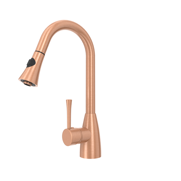 Copper Kitchen Faucet with Soap Dispenser, Single Handle Solid Brass High Arc Pull Down Sprayer Head Kitchen Sink Faucets with Deck Plate — AK96455-SD-C