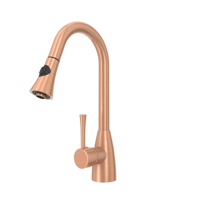 Copper Kitchen Faucet with Soap Dispenser, Single Handle Solid Brass High Arc Pull Down Sprayer Head Kitchen Sink Faucets with Deck Plate — AK96455-SD-C