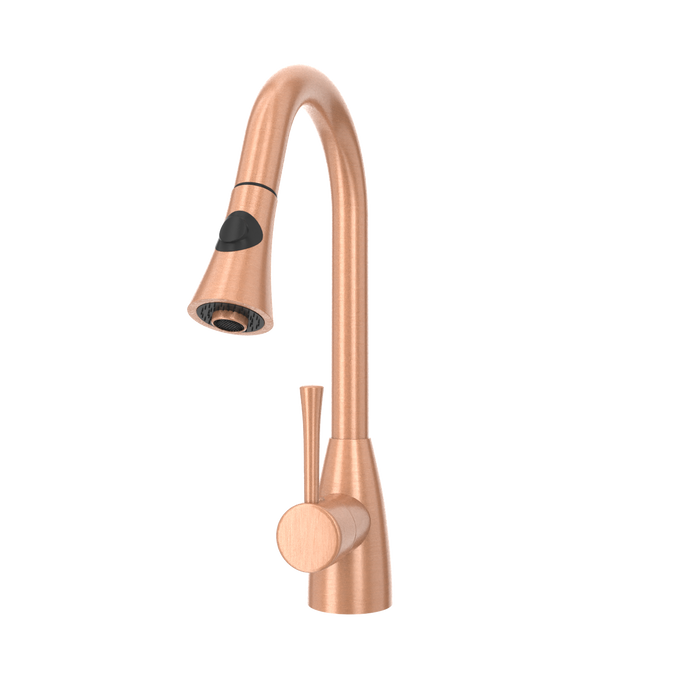 Copper Kitchen Faucet with Soap Dispenser, Single Handle Solid Brass High Arc Pull Down Sprayer Head Kitchen Sink Faucets with Deck Plate — AK96455-SD-C