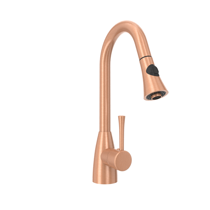 Copper Kitchen Faucet with Soap Dispenser, Single Handle Solid Brass High Arc Pull Down Sprayer Head Kitchen Sink Faucets with Deck Plate — AK96455-SD-C