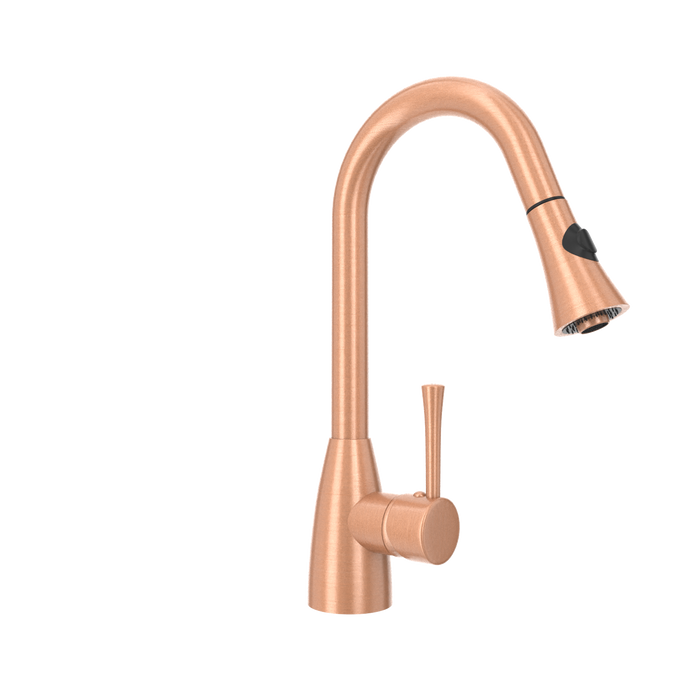 Copper Kitchen Faucet with Soap Dispenser, Single Handle Solid Brass High Arc Pull Down Sprayer Head Kitchen Sink Faucets with Deck Plate — AK96455-SD-C