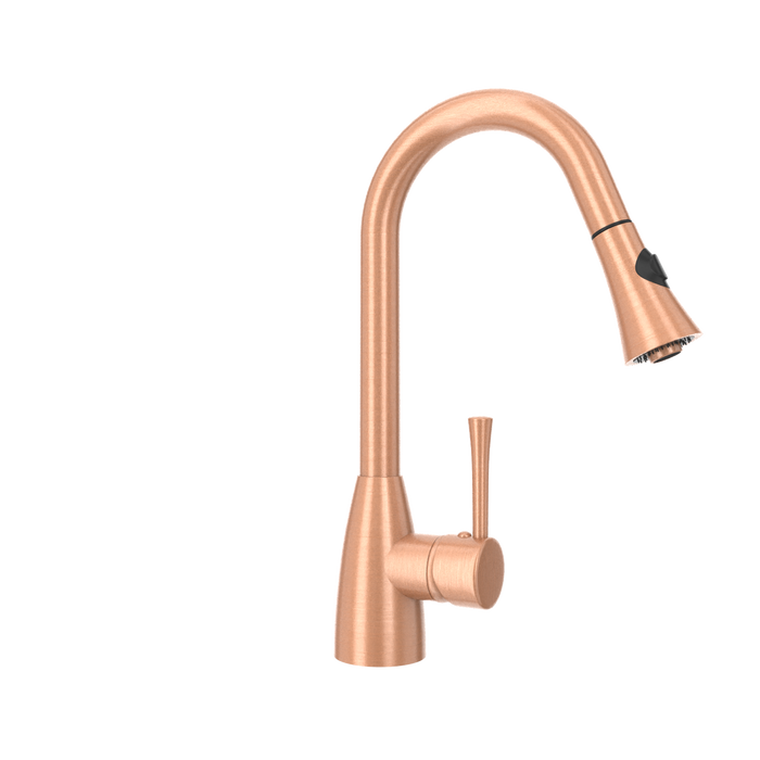 Copper Kitchen Faucet with Soap Dispenser, Single Handle Solid Brass High Arc Pull Down Sprayer Head Kitchen Sink Faucets with Deck Plate — AK96455-SD-C