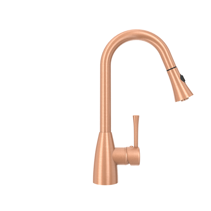 Copper Kitchen Faucet with Soap Dispenser, Single Handle Solid Brass High Arc Pull Down Sprayer Head Kitchen Sink Faucets with Deck Plate — AK96455-SD-C