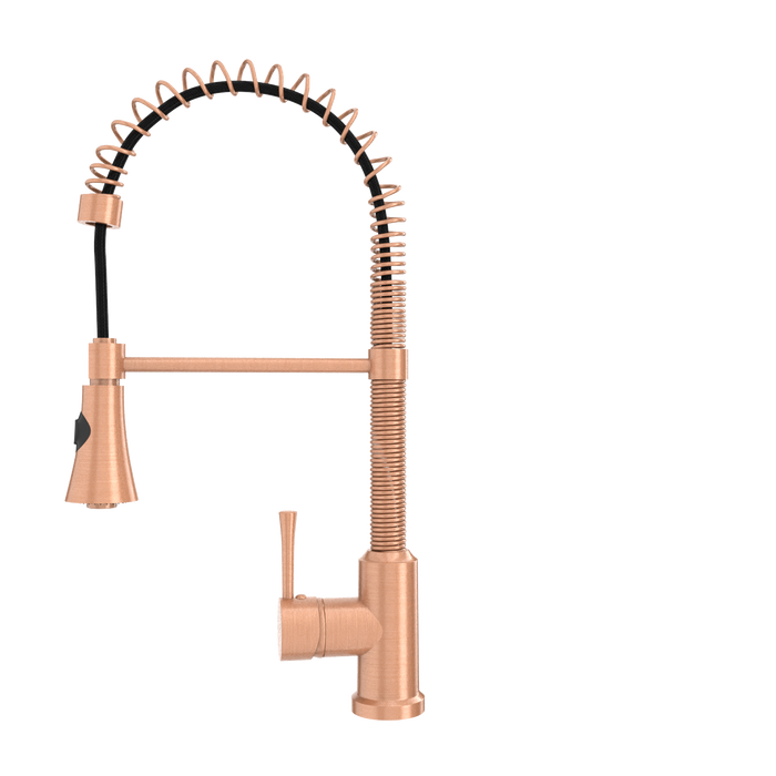 Copper Kitchen Faucet with Soap Dispenser, Single Handle Solid Brass High Arc Pull Down Sprayer Head Kitchen Sink Faucets with Deck Plate — AK96565-SD-C