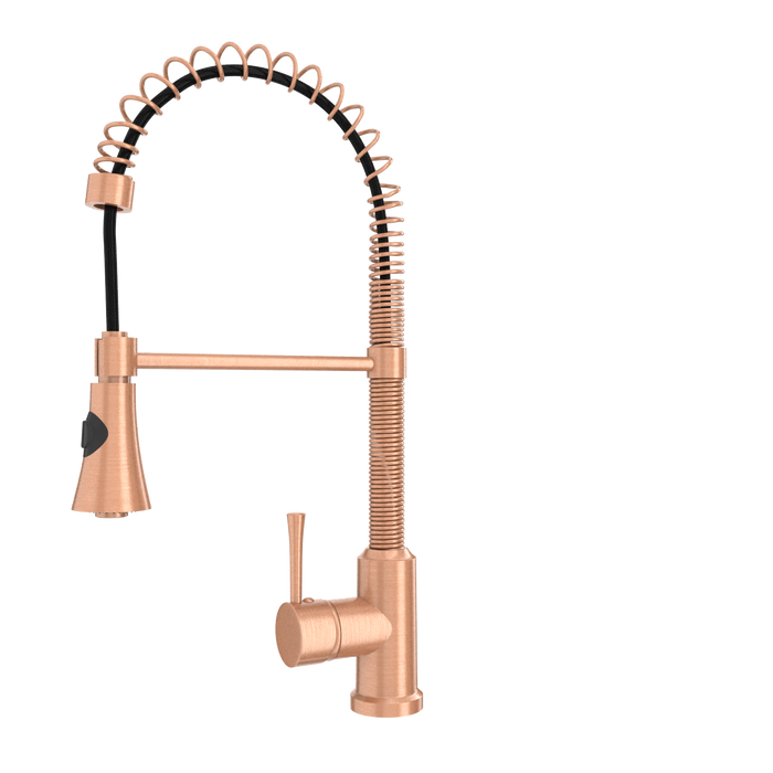 Copper Kitchen Faucet with Soap Dispenser, Single Handle Solid Brass High Arc Pull Down Sprayer Head Kitchen Sink Faucets with Deck Plate — AK96565-SD-C