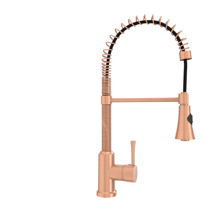 Copper Kitchen Faucet with Soap Dispenser, Single Handle Solid Brass High Arc Pull Down Sprayer Head Kitchen Sink Faucets with Deck Plate — AK96565-SD-C