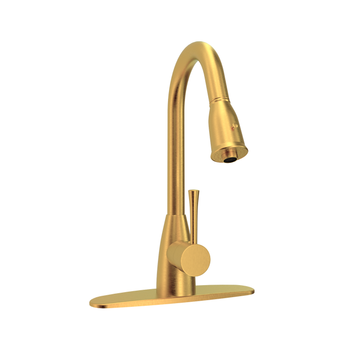 Brushed Gold Pull Out Kitchen Faucet with Deck Plate, Single Level Solid Brass Kitchen Sink Faucets with Pull Down Sprayer - AK455BTG
