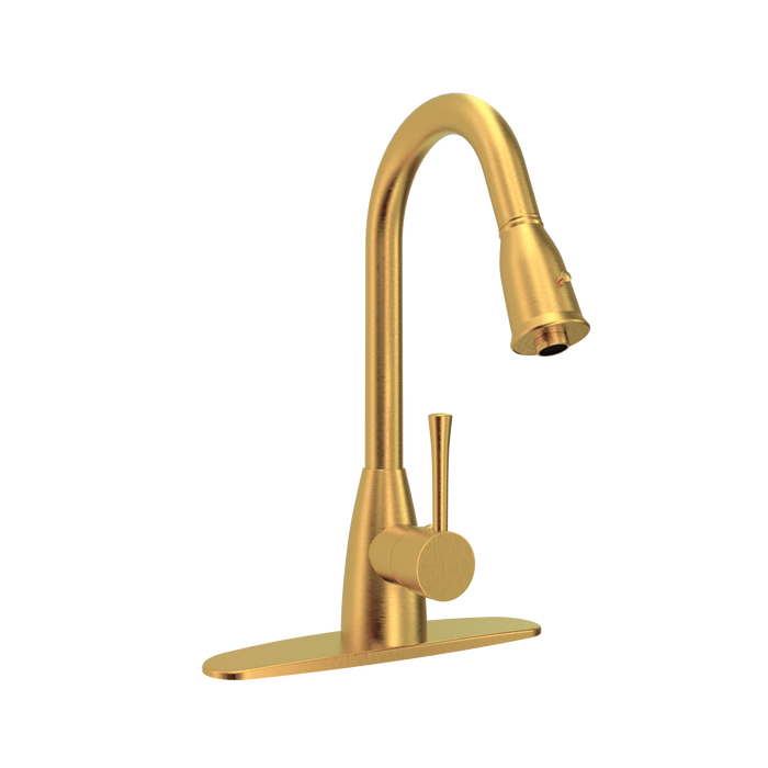 Brushed Gold Pull Out Kitchen Faucet with Deck Plate, Single Level Solid Brass Kitchen Sink Faucets with Pull Down Sprayer - AK455BTG
