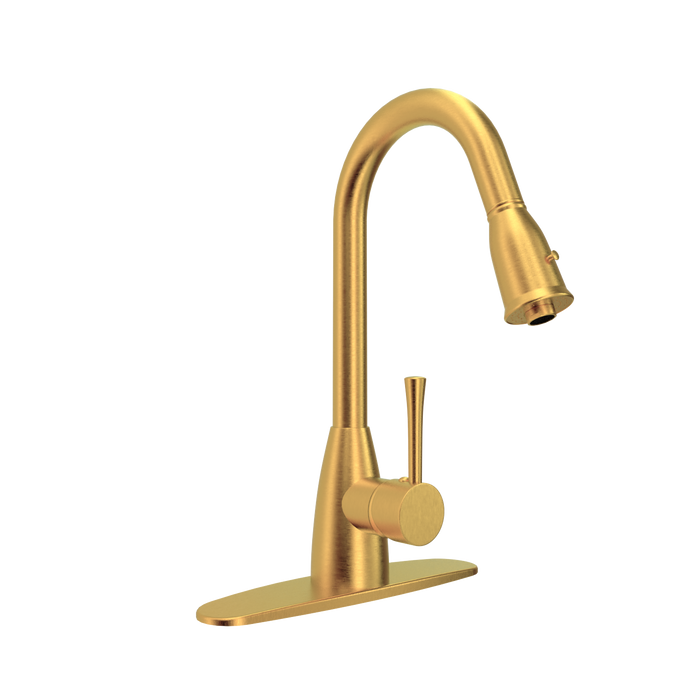 Brushed Gold Pull Out Kitchen Faucet with Deck Plate, Single Level Solid Brass Kitchen Sink Faucets with Pull Down Sprayer - AK455BTG