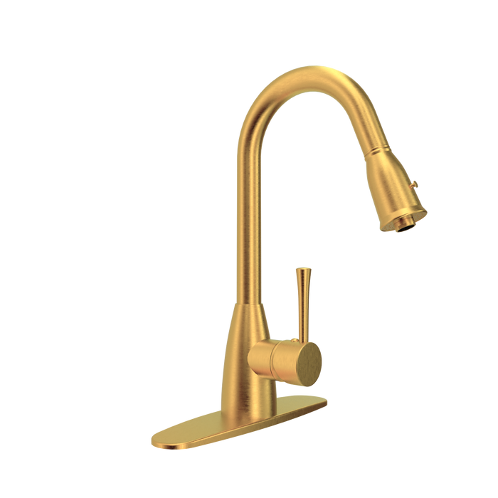 Brushed Gold Pull Out Kitchen Faucet with Deck Plate, Single Level Solid Brass Kitchen Sink Faucets with Pull Down Sprayer - AK455BTG