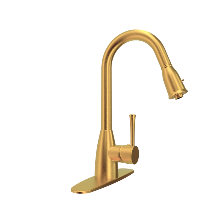 Brushed Gold Pull Out Kitchen Faucet with Deck Plate, Single Level Solid Brass Kitchen Sink Faucets with Pull Down Sprayer - AK455BTG