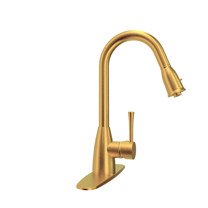 Brushed Gold Pull Out Kitchen Faucet with Deck Plate, Single Level Solid Brass Kitchen Sink Faucets with Pull Down Sprayer - AK455BTG