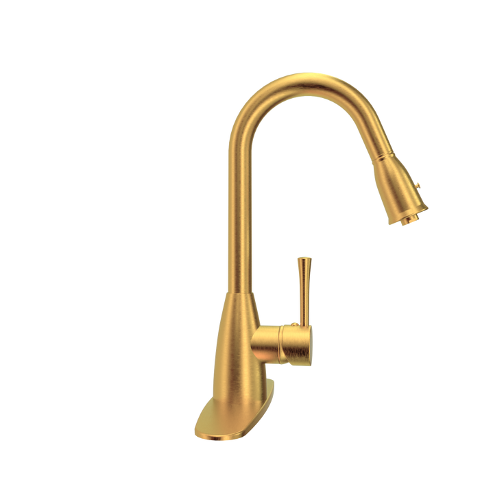 Brushed Gold Pull Out Kitchen Faucet with Deck Plate, Single Level Solid Brass Kitchen Sink Faucets with Pull Down Sprayer - AK455BTG