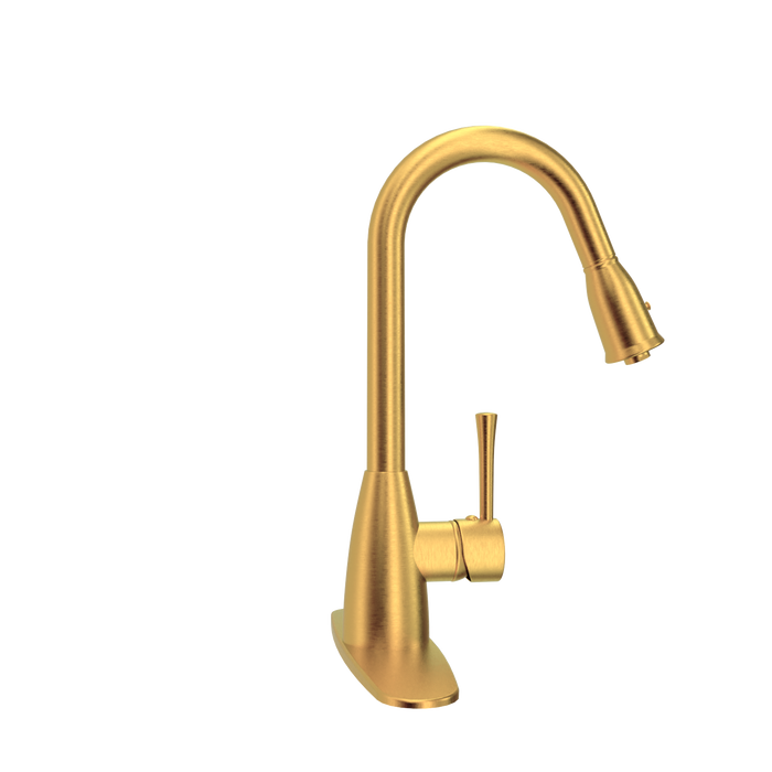 Brushed Gold Pull Out Kitchen Faucet with Deck Plate, Single Level Solid Brass Kitchen Sink Faucets with Pull Down Sprayer - AK455BTG