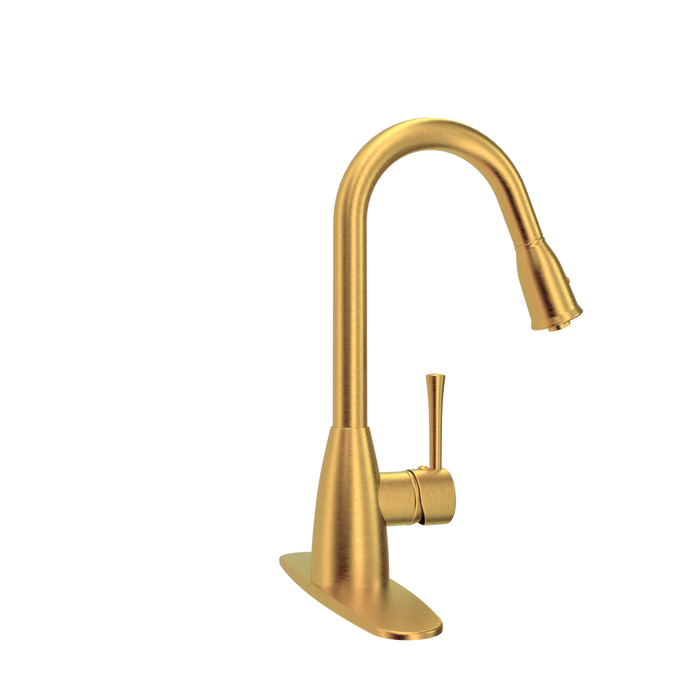 Brushed Gold Pull Out Kitchen Faucet with Deck Plate, Single Level Solid Brass Kitchen Sink Faucets with Pull Down Sprayer - AK455BTG