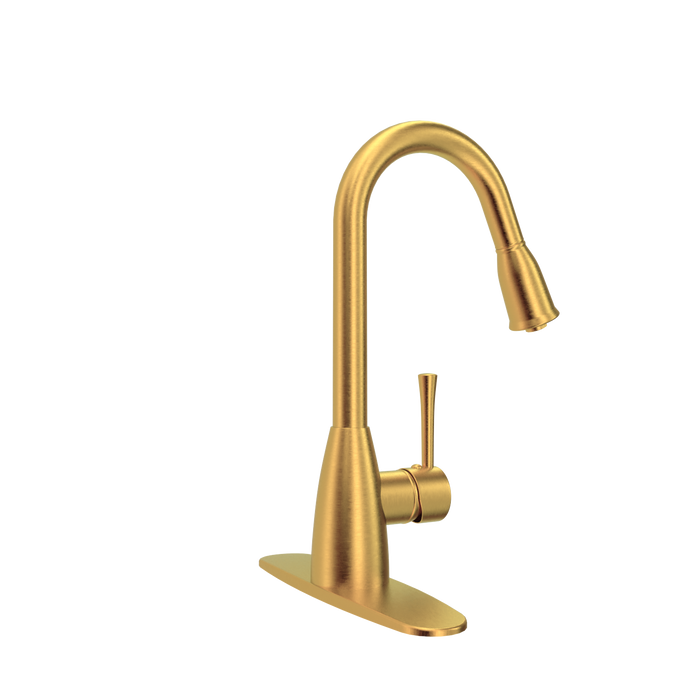 Brushed Gold Pull Out Kitchen Faucet with Deck Plate, Single Level Solid Brass Kitchen Sink Faucets with Pull Down Sprayer - AK455BTG