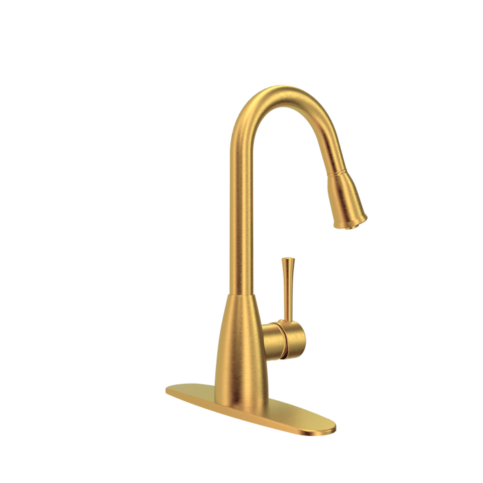 Brushed Gold Pull Out Kitchen Faucet with Deck Plate, Single Level Solid Brass Kitchen Sink Faucets with Pull Down Sprayer - AK455BTG