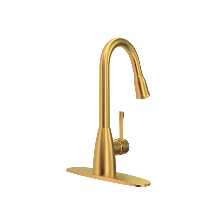 Brushed Gold Pull Out Kitchen Faucet with Deck Plate, Single Level Solid Brass Kitchen Sink Faucets with Pull Down Sprayer - AK455BTG