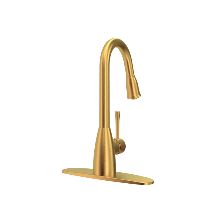 Brushed Gold Pull Out Kitchen Faucet with Deck Plate, Single Level Solid Brass Kitchen Sink Faucets with Pull Down Sprayer - AK455BTG