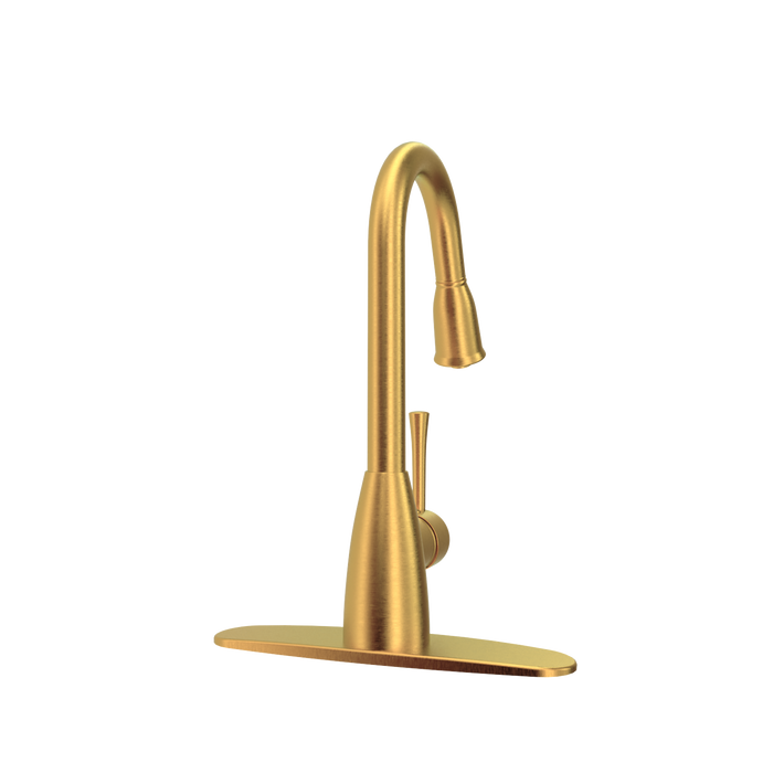 Brushed Gold Pull Out Kitchen Faucet with Deck Plate, Single Level Solid Brass Kitchen Sink Faucets with Pull Down Sprayer - AK455BTG