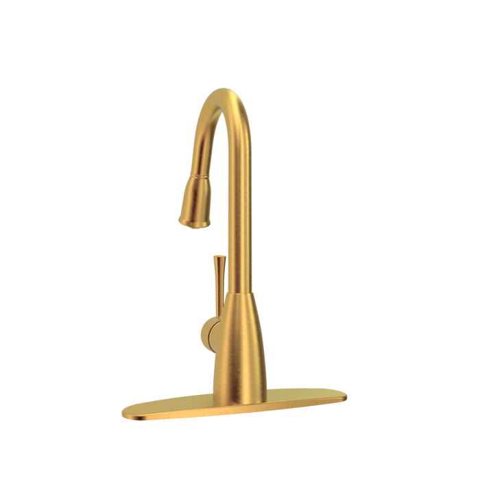 Brushed Gold Pull Out Kitchen Faucet with Deck Plate, Single Level Solid Brass Kitchen Sink Faucets with Pull Down Sprayer - AK455BTG