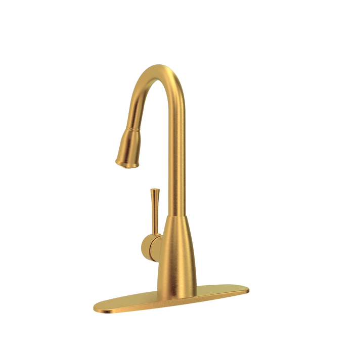 Brushed Gold Pull Out Kitchen Faucet with Deck Plate, Single Level Solid Brass Kitchen Sink Faucets with Pull Down Sprayer - AK455BTG