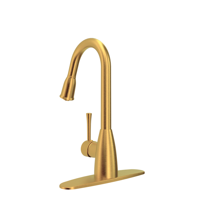 Brushed Gold Pull Out Kitchen Faucet with Deck Plate, Single Level Solid Brass Kitchen Sink Faucets with Pull Down Sprayer - AK455BTG