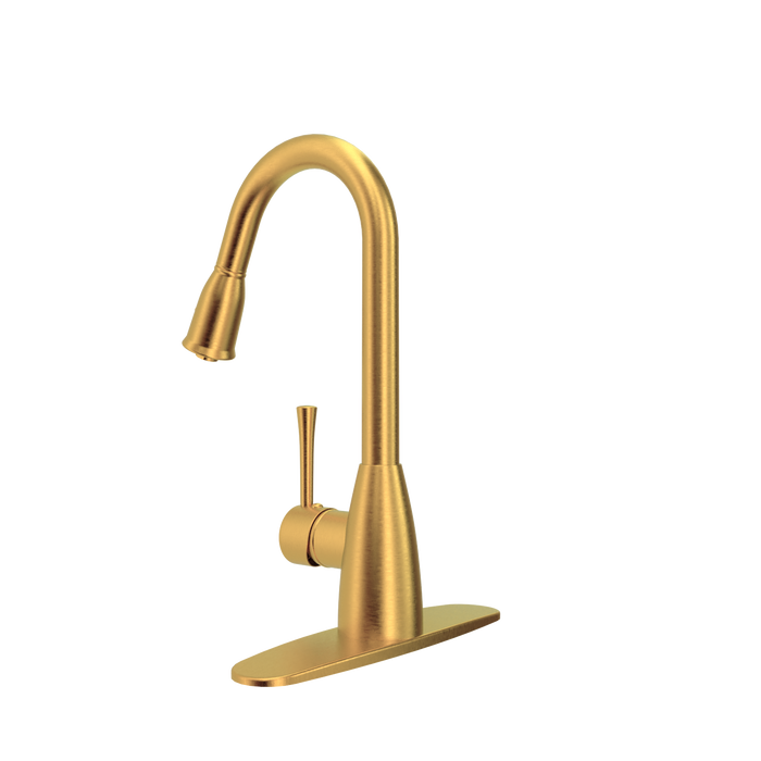Brushed Gold Pull Out Kitchen Faucet with Deck Plate, Single Level Solid Brass Kitchen Sink Faucets with Pull Down Sprayer - AK455BTG