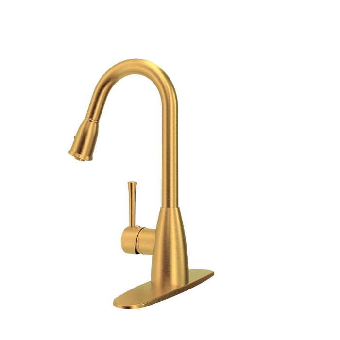 Brushed Gold Pull Out Kitchen Faucet with Deck Plate, Single Level Solid Brass Kitchen Sink Faucets with Pull Down Sprayer - AK455BTG