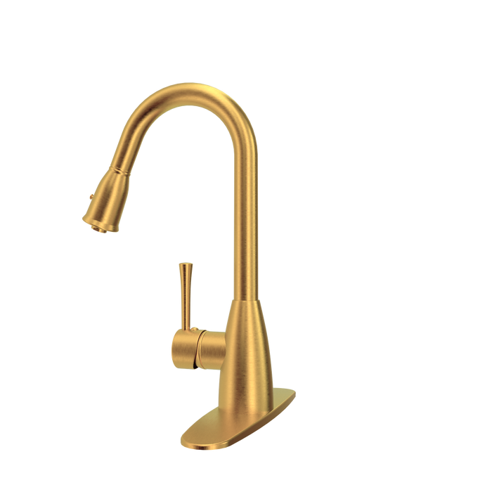 Brushed Gold Pull Out Kitchen Faucet with Deck Plate, Single Level Solid Brass Kitchen Sink Faucets with Pull Down Sprayer - AK455BTG
