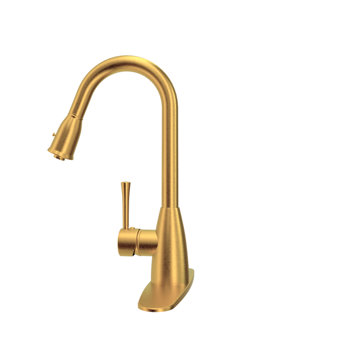 Brushed Gold Pull Out Kitchen Faucet with Deck Plate, Single Level Solid Brass Kitchen Sink Faucets with Pull Down Sprayer - AK455BTG