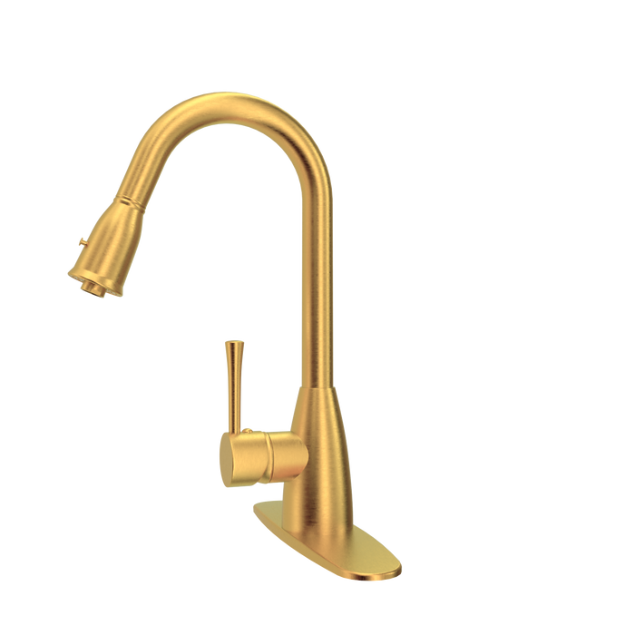 Brushed Gold Pull Out Kitchen Faucet with Deck Plate, Single Level Solid Brass Kitchen Sink Faucets with Pull Down Sprayer - AK455BTG