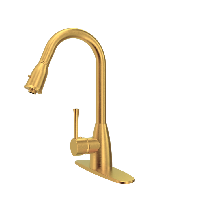 Brushed Gold Pull Out Kitchen Faucet with Deck Plate, Single Level Solid Brass Kitchen Sink Faucets with Pull Down Sprayer - AK455BTG